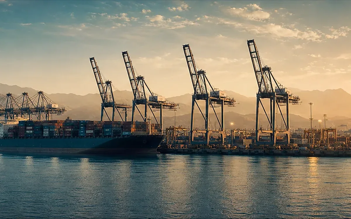 Gantry cranes loading a container vessel at port