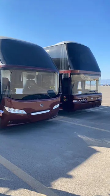 Two double-deck coach buses discharged at the port